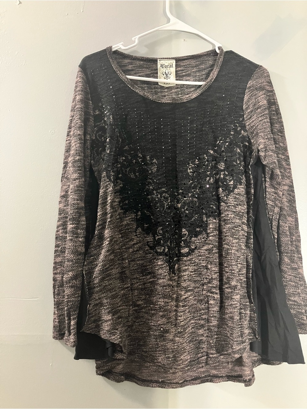 Vocal Black & Taupe Marled Long Sleeve Top with Embellished Front